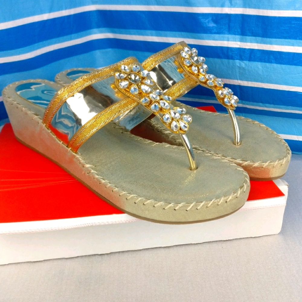 Sparkling Dazzling Champagne Gold Wedge Sandal Slides decorated 10 Low …